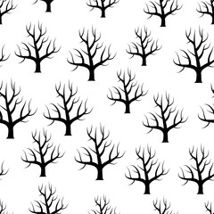 Seamless black and white curved trees without leaves backgrounds. Vector forest seamless texture.

