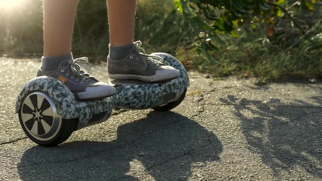 Riding gyroscooter or hover board. UHD, 4K