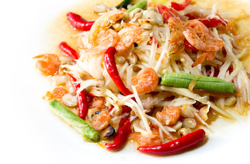 Papaya salad (Som tum) and vegetable on white backgrounfd, papaya pok pok, Thai food