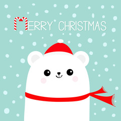Merry Christmas Candy cane. Polar white bear cub head face wearing red Santa Claus hat scarf. Cute cartoon smiling baby character. Arctic animal collection. Flat design Winter background Snow flake.