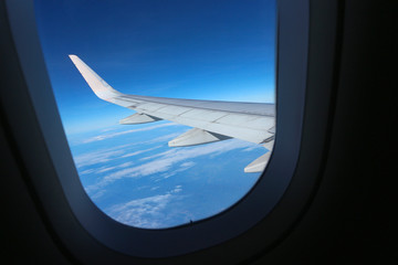 Fototapeta na wymiar high angle from window plane of blue sky and cloudscape.