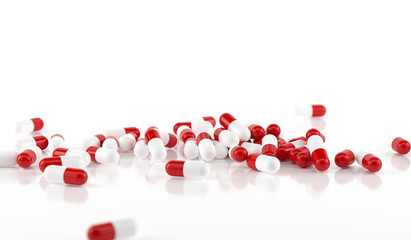 Pile Of Red And White Capsule Pills On White Surface Top View 3D Rendering