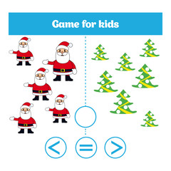 Education logic game for preschool kids. Choose the correct answer. More, less or equal Vector illustration. Christmas Xmas and New Year holidays design.