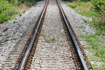 Fototapeta na wymiar The railroad tracks are a long way straight ahead, Location Bangkok, Thailand.
