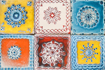 Traditional handmade azulejos portuguese decorative tiles artistic colorful design background. Creative beautiful texture surface