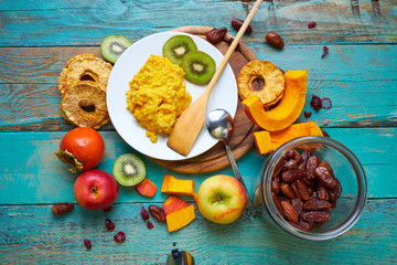 Vegetable food, dates, apples, pomegranates, persimmons and other