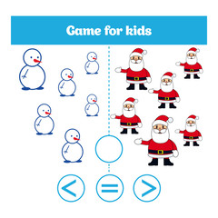 Education logic game for preschool kids. Choose the correct answer. More, less or equal Vector illustration. Christmas Xmas and New Year holidays design.