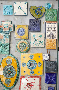 Traditional handmade azulejos portuguese decorative tiles artistic colorful design background. Creative beautiful texture surface