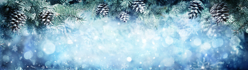Fototapeta na wymiar Wintry Banner - Snowy Fir Branches With Snowfall 