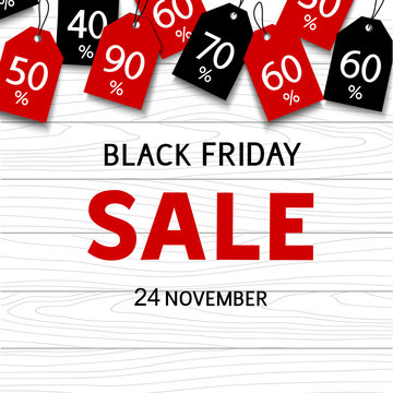 Black friday sale template with discount tags on wooden background. Vector illustration