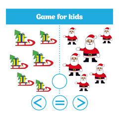 Education logic game for preschool kids. Choose the correct answer. More, less or equal Vector illustration. Christmas Xmas and New Year holidays design.