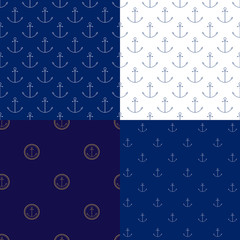 Set of Maritime Backgrounds with Anchor, Seamless Marine Pattern , Travel and Tourism Concept , Thin Linear Design, Vector Illustration