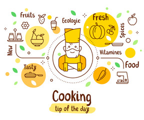 Vector illustration of a man chief cook with food icons, tags and inscription. Creative cooking concept on white background.