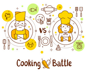Vector illustration of two chief cook with food icons and inscription. Creative cooking battle concept: man vs woman on white background.