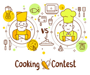 Creative cooking contest concept: old man vs young man on white background. Vector illustration of two chief cook with food icons and inscription.