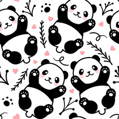 Fototapeta premium Cute Cartoon Panda Seamless Pattern Background, Vector illustration