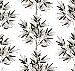 Naklejka premium Vector Black Seamless Pattern with Drawn Bamboo Leaves