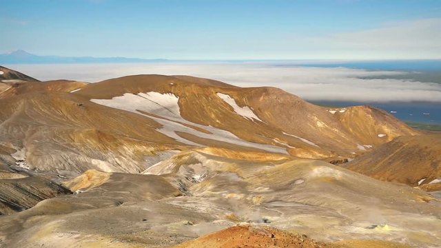 Panorama of the slope of Ebeko volcano on Paramushir Island. Kuril Islands, Russia

