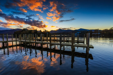 Fiery sunset at Derwentwater in The Lake District, Cumbria, England