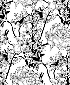 Vector Black Seamless Pattern with Drawn Flowers, Peony