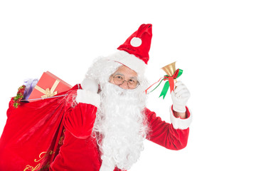 Happy merry Christmas Santa Claus pointing holding Gift Box with Isolated on white background.