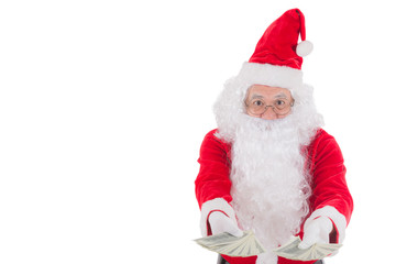 Happy merry Christmas Santa Claus pointing holding Gift Box with Isolated on white background.