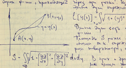 Page of old textured vintage paper with the calculation of the higher mathematics