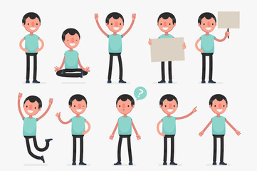 Male character in casual clothes in different poses: Vector illustration.