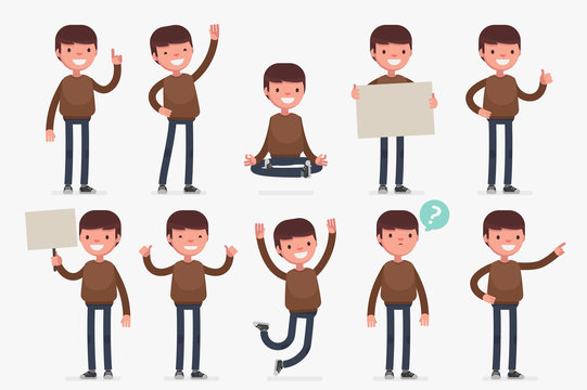 Male character in casual clothes in different poses: Vector illustration.