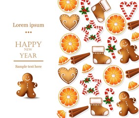 Happy New Year card with gingerbread cookies Vector. Holidays flavors with Orange slices, candies, sweets. Realistic styles
