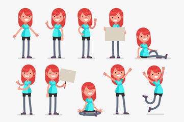Obraz na płótnie Canvas Female character in sport clothes in different poses: Vector illustration.