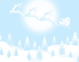 Fototapeta na wymiar New Year Christmas. An image of Santa Claus and a deer. Winter forest on the eve of the New Year. Snow, moon, stars, Christmas trees. illustration
