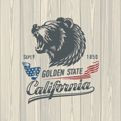 Медведь, стилизованная эмблема Калифорния, на деревянном фоне, иллюстрация