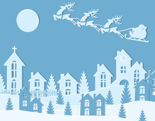 New Year Christmas. An image of Santa Claus and deer. Winter city in the New Year. Snow, moon, trees, houses, temple. illustration