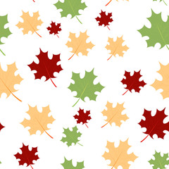 Chaotic maple leaves pattern in autumn colors. Vector autumn seamless background. EPS10. Can be used as print on clothes, wrapping paper, web, design banners.