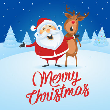 Santa Claus and Reindeer Singing Merry Christmas
