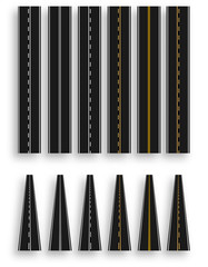 Set of roads with various white and yellow marks on a white background. In perspective. Markup adjusts the mode of overtaking. illustration