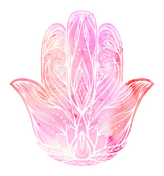 Illustration Hamsa with boho pattern and pink watercolor background. Hand of Buddha. Vector element for tattoos, cards, printing on T-shirts. Tracery hand drawn pattern