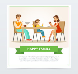 Happy young family having breakfast together