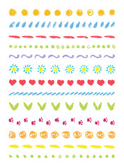 Funny cute line border set. Brush hand drawing doodle design element frame holiday birthday, greeting, invitation card, gift box, background, pattern decor. Pastel colorful vector ornament texture.