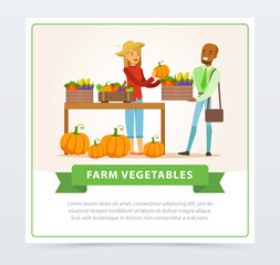 Farm vegetables street shop with farmer and buyer