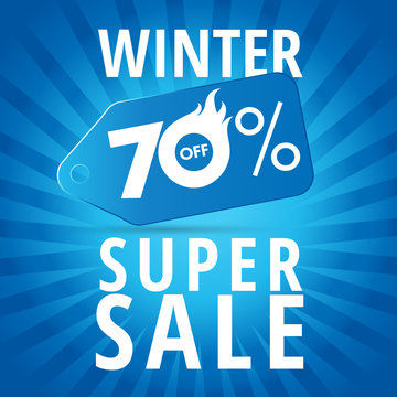 Winter super sale background with blue realistic tag 70% offer banner. Winter super sale 70 off. Sale banner vector template design