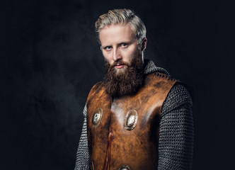 Fototapeta na wymiar A man Viking dressed in Nordic armor.