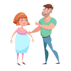 Cartoon happy young family vector illustration. Smiling pregnant woman and her husband. Maternity and care character symbols.