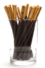 Chocolate Filled Biscuit Sticks on White Background