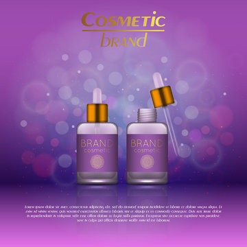 Vector 3D cosmetic illustration on a soft light blurred background with bokeh. Beauty realistic cosmetic product design template.