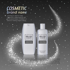 3D realistic cosmetic bottle ads template. Cosmetic brand advertising concept design with glittering dust background