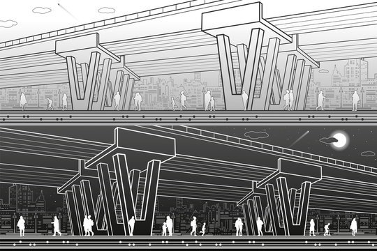 City architecture and infrastructure illustration, automotive overpass, big bridge, people walking, urban scene. Modern town. White lines on light and dark background. Vector design art