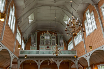 Pipe organ inside the Buksnes church in Gravdal city, Norway