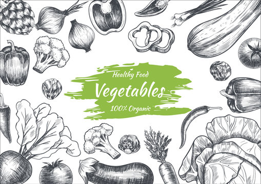 Vector frame with vegetables . Hand drawn. Vintage style
